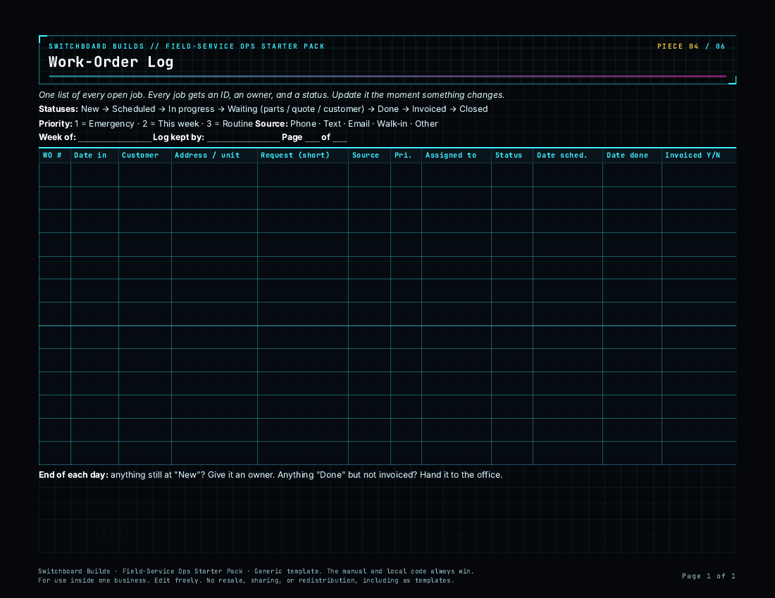 Work-Order Log, dark screen version